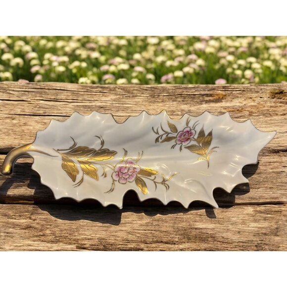Vintage Kalk White German Porcelain Leaf Dish Floral Gold Trim Floral 10.5" cros - Picture 5 of 11